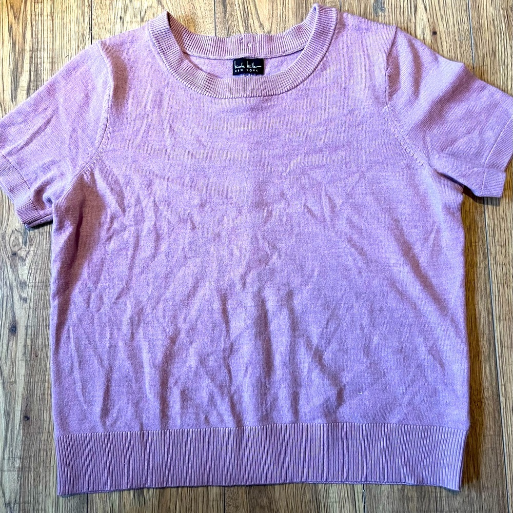 L Nicole Miller pink sweater, faux button up at the back.  100% Merino wool.